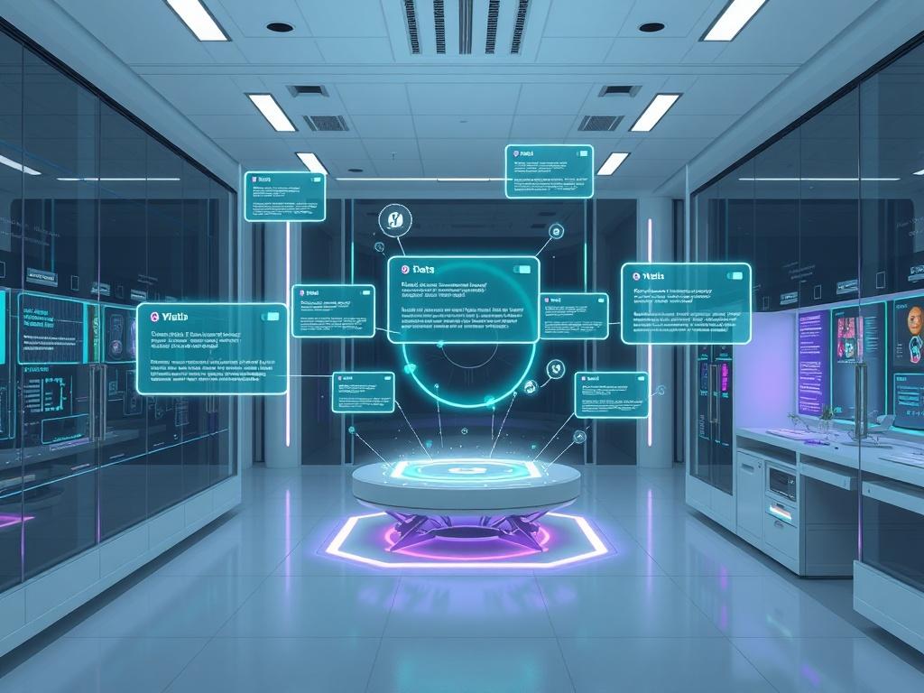 A futuristic digital lab environment featuring floating holographic prompt cards, AI interfaces, and translucent data flowing between various modules. The setting includes sleek glass walls, glowing control panels, and a central AI core generating innovative prompt systems. Icons or tags such as 'Beta', 'Early Access', and 'Experimental' float above the cards. The scene is devoid of people, showcasing a minimalist, high-tech, premium aesthetic. The background is predominantly white and black, accented with 