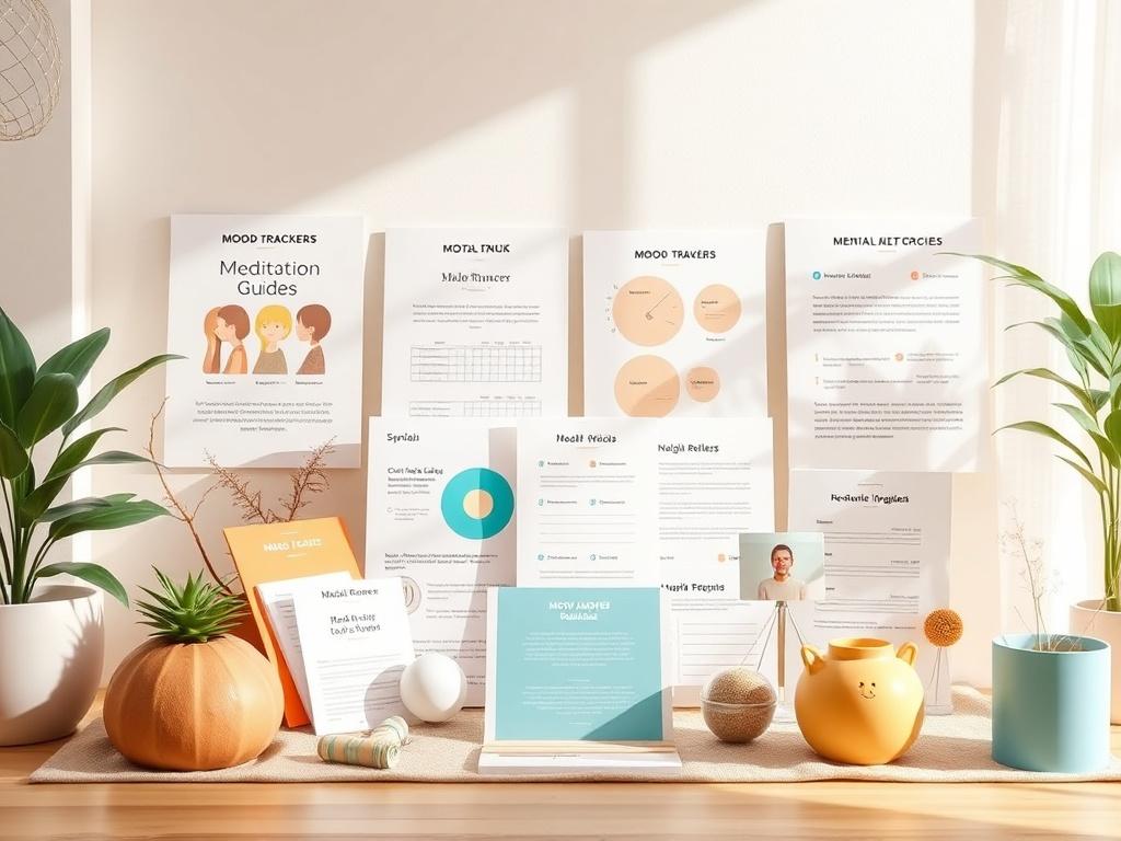 A visually appealing display of various self-guided mental wellness tools like mood trackers, meditation guides, and stress relief exercises. The setting should be bright and inviting, with calming colors and a user-friendly layout, showcasing the tools as accessible resources for individuals of all ages.