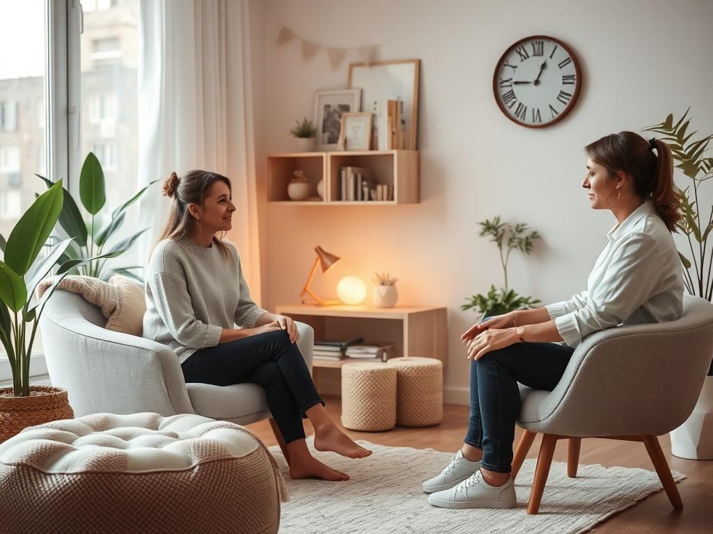 A serene therapy session setting featuring a therapist and a client engaged in conversation. The room should be cozy with soft lighting, comfortable seating, and calming decor. The therapist should be attentive and empathetic, creating a supportive atmosphere for the client, who appears to be open and reflective.