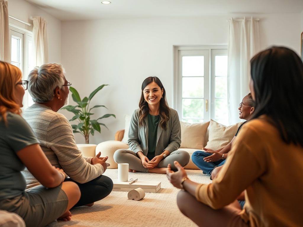A virtual wellness workshop scene with diverse participants engaged in activities. The setting should have a warm and inviting atmosphere, featuring soft lighting and peaceful colors. The focus should be on a facilitator leading the session, with smiling participants in a comfortable, home-like environment, showcasing interaction and connection.