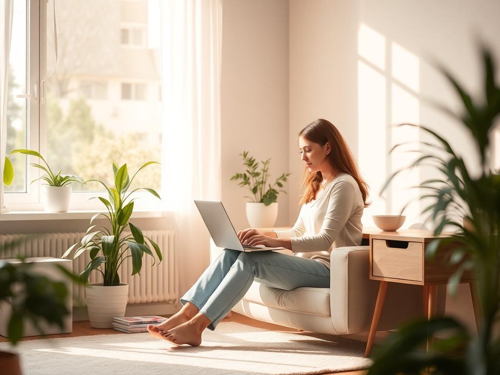 A calming and serene workspace featuring a person sitting comfortably at a desk, engaging with a laptop. The setting should include soft, natural light streaming through a window, with plants in the background to create a peaceful atmosphere. The color scheme should incorporate soft tones and gentle lighting, reflecting a sense of tranquility and focus, while emphasizing the theme of mental wellness.