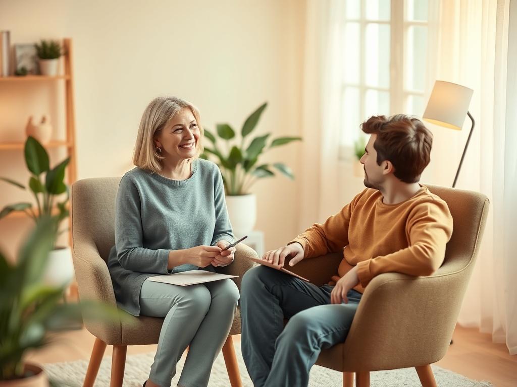 A peaceful therapy session in a softly lit room, featuring a single therapist and client engaged in an open conversation. The therapist, a middle-aged woman with a warm smile, sits comfortably in a cozy armchair with a notepad. The client, a young adult man, appears relaxed and contemplative, seated across from her. The background shows calming decor with soft green tones, plants, and warm lighting, creating a serene atmosphere that promotes emotional healing.