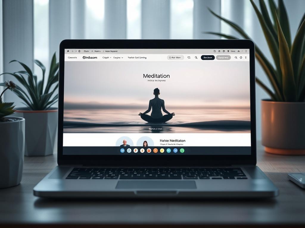 A high-resolution image of a serene workspace featuring a laptop open to the MindLoom™ interface displaying a calming meditation session. The background should be softly lit with plants and warm colors, creating a peaceful atmosphere. The composition should focus solely on the laptop, ensuring clarity and simplicity.
