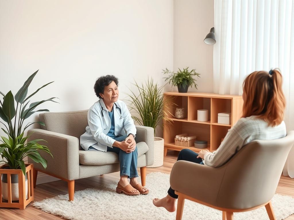 A serene indoor setting featuring a single therapist sitting comfortably in a softly lit room, surrounded by calming decor. The therapist is engaging with a client, who is seated across from them, both appearing attentive and empathetic. The background includes plants and gentle color tones that evoke tranquility, emphasizing a supportive therapeutic environment.