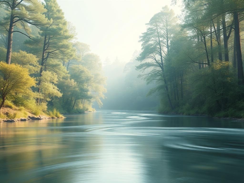 A serene digital landscape featuring a tranquil forest scene with soft lighting and gentle colors. The composition should focus on a calming river flowing through the trees, with smooth, flowing water reflecting soft green and blue tones. The atmosphere should evoke peace and tranquility, showcasing the essence of mental wellness and relaxation.