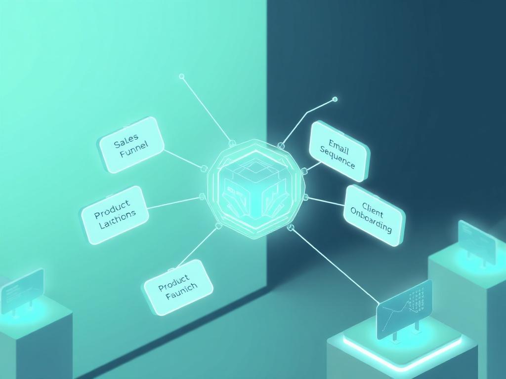 A sleek digital command center made of floating prompt cards, each labeled with business functions like ‘Sales Funnel’, ‘Product Launch’, ‘Email Sequence’, and ‘Client Onboarding’. The cards are glowing with soft light and connected by thin wires to a central AI core. The background is minimal and modern, with a hint of holographic interfaces. No people. Futuristic, clean, premium. 3D isometric style, high contrast lighting, tech startup aesthetic. White and electric green color palette.