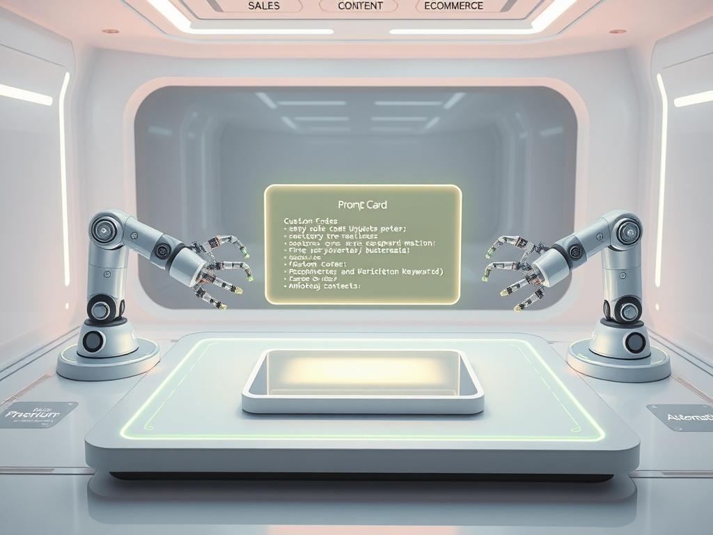 A futuristic, holographic workspace featuring a single glowing prompt card being handcrafted by robotic AI arms. The prompt card floats above a sleek digital workbench, surrounded by tool icons representing 'Sales', 'Content', 'Ecommerce', and 'Automation'. The environment is minimalistic and tech-driven, with a clean white and neon green aesthetic. The prompt card displays custom code and business keywords glowing softly, emphasizing a premium product design feel. No people are present in this serene and a