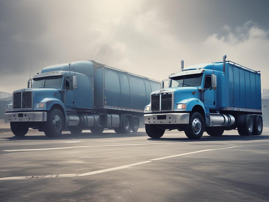 high-resolution photo of a diesel truck undergoing a smog inspection, cool-toned environment with rich blues and soft grays, focus on the truck and inspection equipment, clear and simple composition