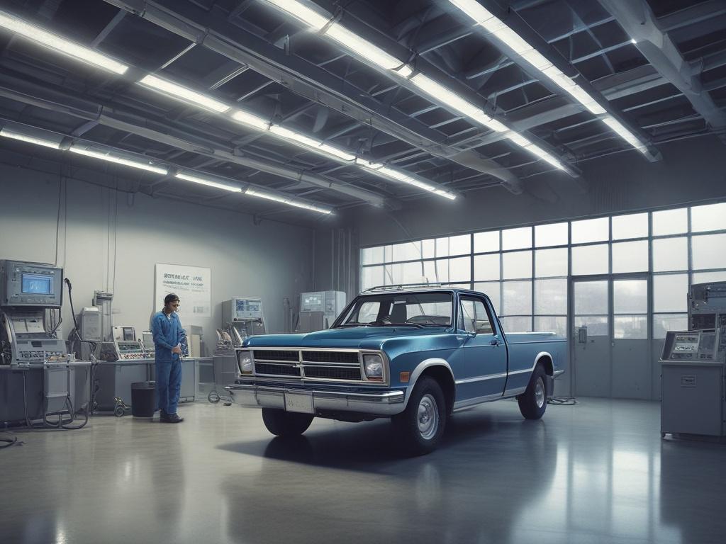 A realistic high-resolution photo of a STAR certified smog testing facility in Indio, CA. The image features a clean, organized workspace with a technician inspecting a vehicle under bright cool-toned lighting. The background includes smog testing equipment and a visible emissions testing machine. The overall color scheme incorporates shades of rich blues and soft grays, complementing the primary color rgb(245, 77, 77). The composition should focus on the technician and the vehicle, creating a professional 