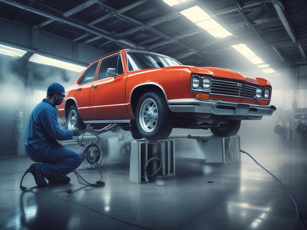 high-resolution image of a technician performing smog testing on a vehicle, modern garage setting, cool-toned environment with shades of blues and grays, focused on the vehicle exhaust testing equipment