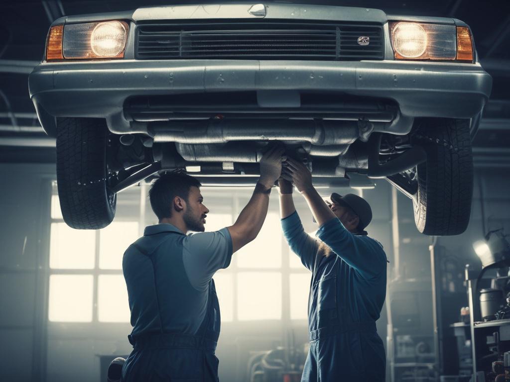 high-resolution image of a mechanic repairing a vehicle's exhaust system, organized workshop environment, cool-toned lighting with blues and grays, focused on the mechanic's hands working on the car