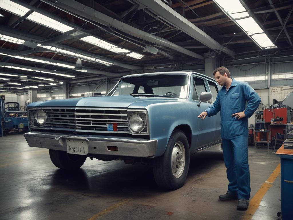 high-resolution image of a technician inspecting a salvage vehicle, bright workshop setting, cool-toned ambiance with blues and grays, showcasing the technician checking vehicle components