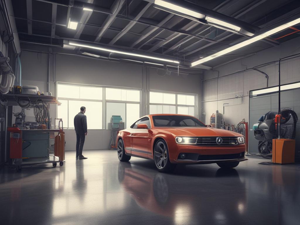 A clean, modern smog testing facility with an emphasis on efficiency and professionalism. The image should show a technician inspecting a vehicle in a well-lit garage space, featuring high-quality equipment and a tidy environment. The background should be minimalistic, with clean lines and simple colors, focusing on the technician and the vehicle being tested.
