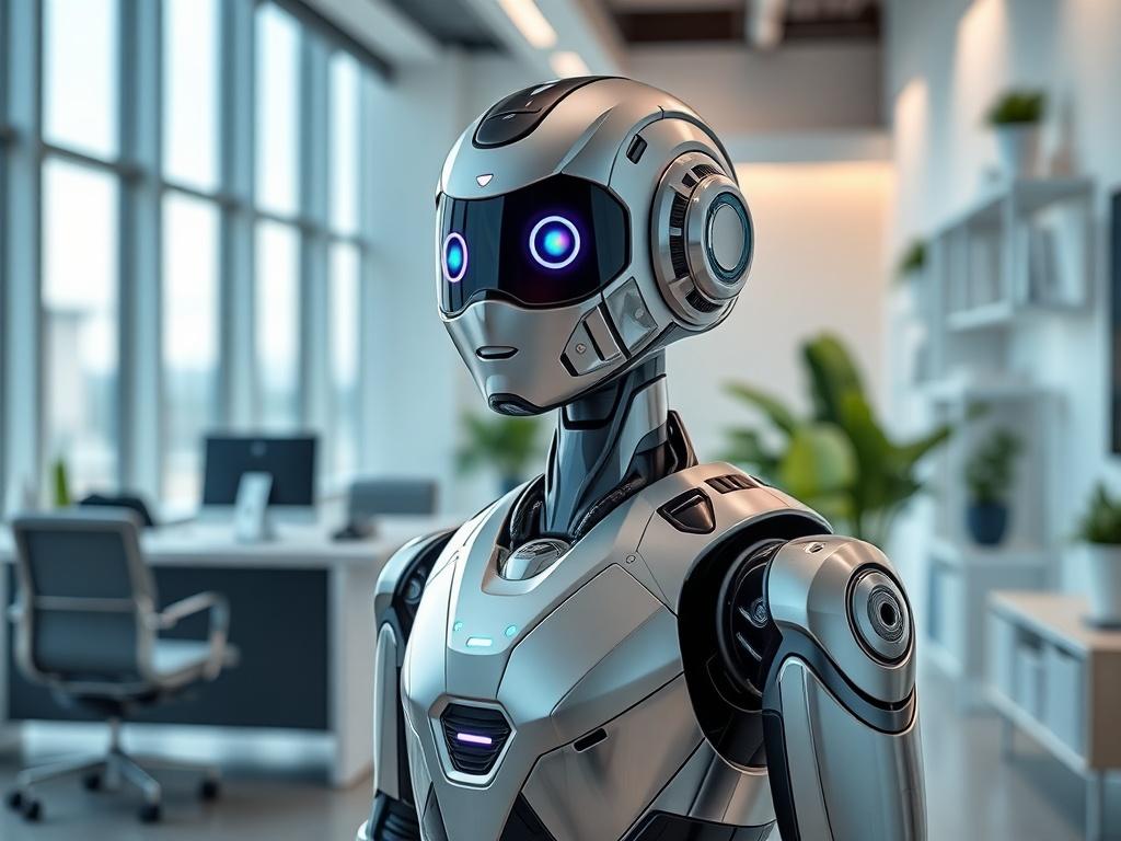 Create a realistic high-resolution image that embodies the essence of the blog titled "Maximize Efficiency with AI Receptionists." The composition should focus on a single subject: an advanced AI receptionist bot, styled as a sleek, modern robotic assistant, standing in a contemporary office setting. 

The bot should feature sharp lines, a chrome finish, and subtle glowing elements that suggest technological sophistication. It should have an engaging, friendly expression, exuding a sense of efficiency and a