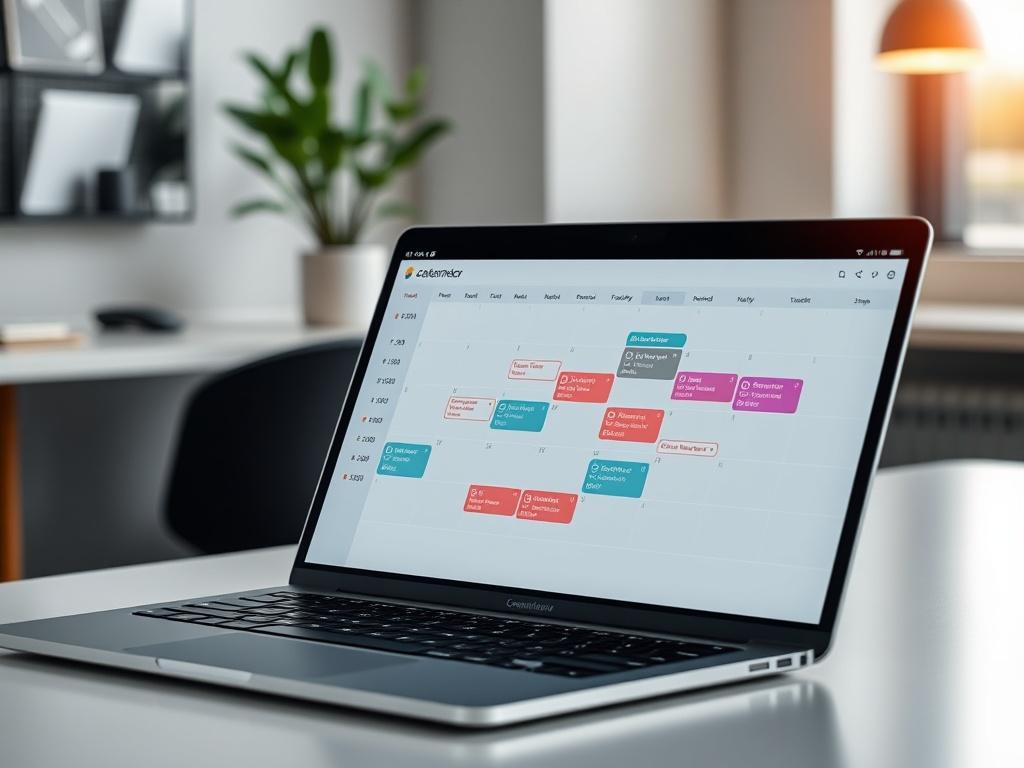 A close-up shot of a modern digital calendar interface on a sleek laptop screen, showcasing various scheduled appointments and reminders. The background features a minimalist office setting with a stylish desk and a plant, emphasizing a professional workspace. The image should convey a sense of organization and efficiency, capturing the essence of effective schedule management. Use a hyper-realistic style with vibrant colors, focusing on the details of the laptop and calendar.