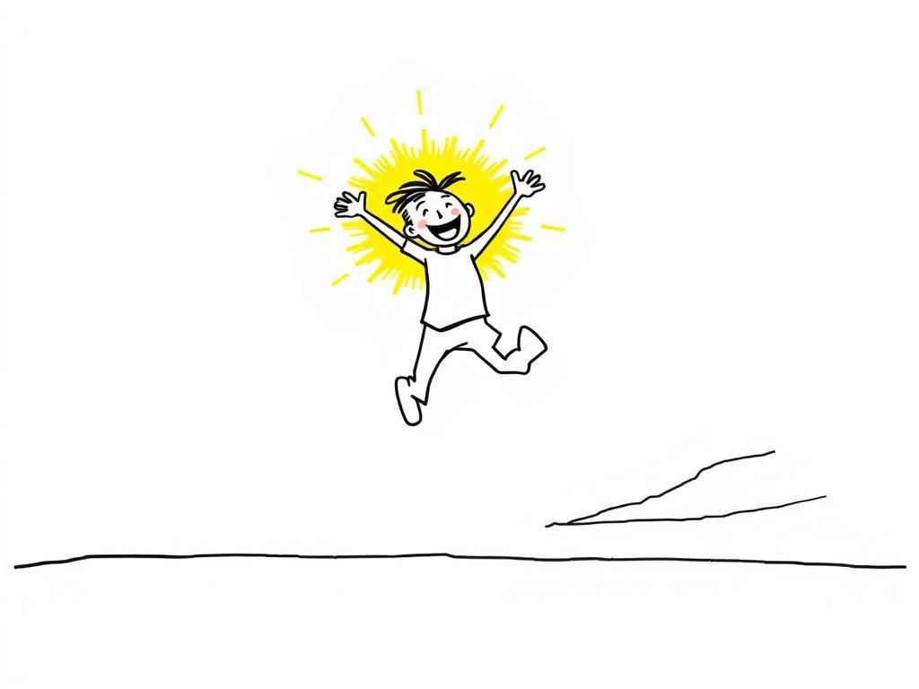 Create a high-quality illustration for a blog titled "Choose Action Over Inaction." The composition should be simple and clear, focusing on one central subject: a vibrant figure representing joy and enthusiasm. This character should be depicted mid-action, perhaps leaping or dancing with a big smile, reflecting a sense of energy and positivity. 

The figure should be surrounded by a burst of color, with an array of bright hues like yellow, orange, and electric blue emanating from the character to emphasize 