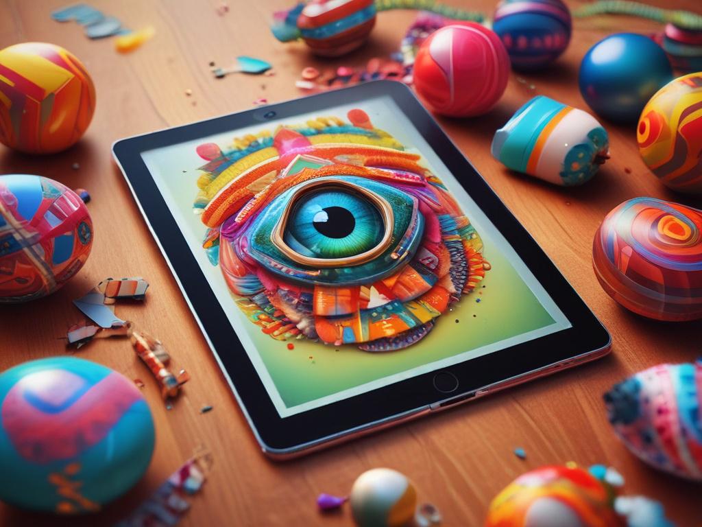 A hyper-realistic close-up shot of a vibrant and colorful digital poster displayed on a sleek tablet. The poster features festive elements and eye-catching graphics, showcasing a blend of modern design styles. The background is a softly blurred creative workspace with warm lighting, emphasizing the poster while keeping the focus on it. The image captures the essence of creativity and professionalism, with a focus on the tablet and poster details.