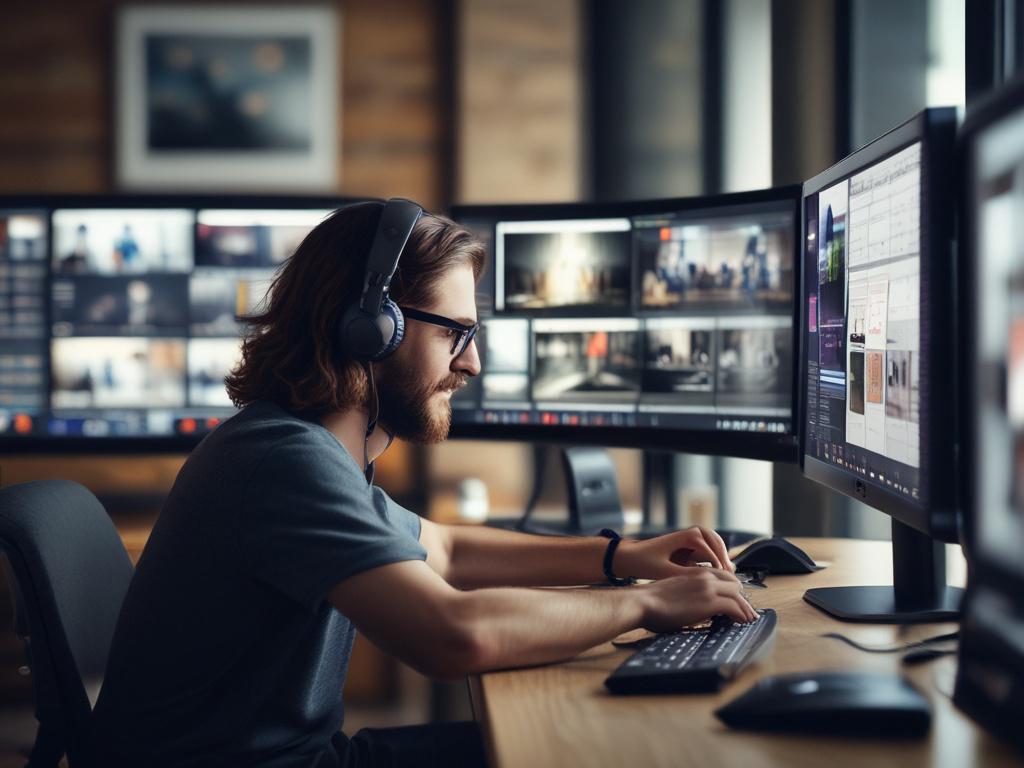 A hyper-realistic close-up shot of a professional video editor working on a YouTube video editing software. The scene captures the focus on the computer screen displaying an engaging video timeline with clips, transitions, and effects. The editor, a young person with a creative look, is wearing headphones and is deeply focused on their work. The background is softly blurred, showcasing a well-organized workspace with colorful visuals and tools related to video editing. The color palette should emphasize the