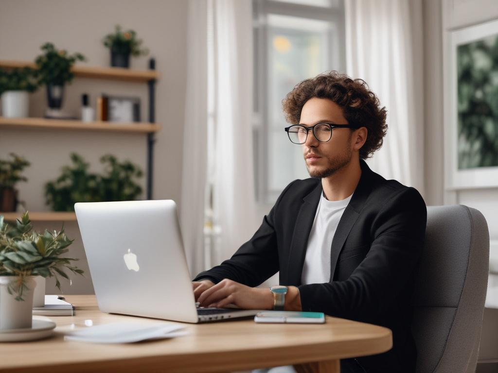 A close-up shot of a stylish influencer working on their laptop, surrounded by vibrant and aesthetically pleasing decor that reflects their brand. The subject is focused and engaged, with a well-organized workspace showcasing elements of personal branding like custom bios and profile themes. The background features soft, warm lighting and hints of colorful highlight icons, creating an inviting atmosphere. The image should be hyper-realistic, capturing the essence of entrepreneurship and personal branding wi