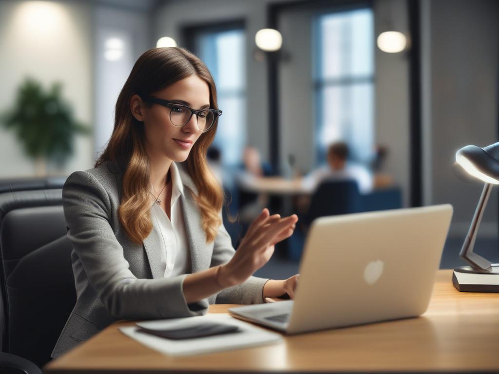 A close-up, hyper-realistic shot of a professional PR consultant engaging with a client in a modern office setting. The consultant is presenting a media strategy on a laptop, showcasing a vibrant mood with focused expressions. The background is clean and sophisticated, featuring subtle elements of branding like logos and marketing materials. The lighting is warm and inviting, emphasizing the consultant's expertise and approachability, shot with a 45mm f/1.2 lens.