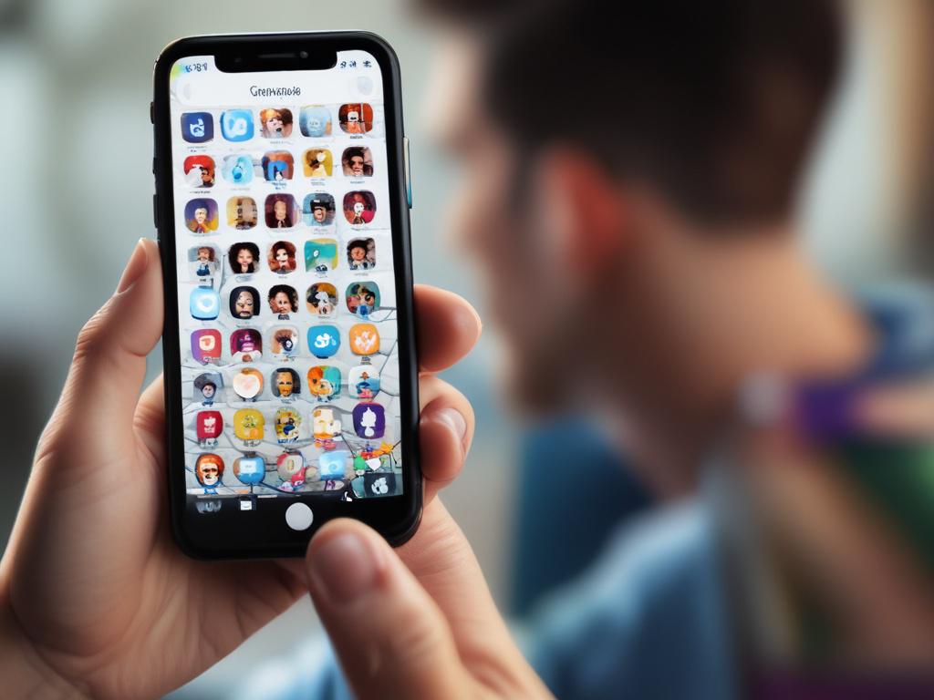 A hyper-realistic close-up shot of a person using a smartphone to manage social media accounts. The subject is focused on the phone screen, showcasing colorful social media icons like Instagram, Facebook, Twitter, and LinkedIn on the display. The background is softly blurred, emphasizing the subject's engagement with the device. The lighting is warm and inviting, creating a friendly atmosphere that resonates with creativity and connection. The image should have vibrant colors to reflect the primary color rg