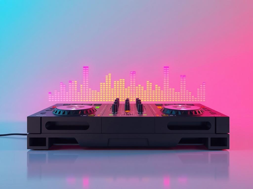A vibrant, minimalistic image featuring a DJ mixer with colorful sound waves emanating from it, set against a clean backdrop. The scene captures the essence of music production, showcasing the tools of the trade in extreme detail, with a focus on bold colors and essential elements, compatible with rgb(2, 86, 197).