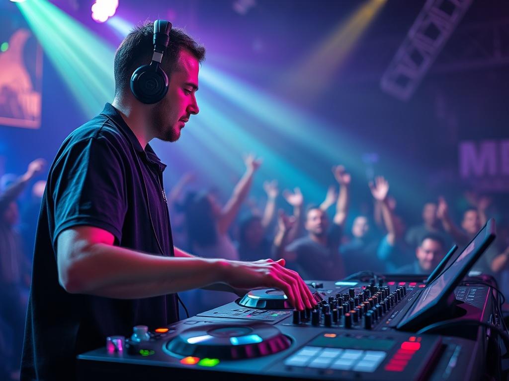 An engaging, high-resolution image of a DJ performing live at an energetic event, with colorful lights and an enthusiastic crowd in the background. The focus is on the DJ mixing tracks, showcasing vibrant colors and essential elements of a live performance, with an emphasis on rhythm and excitement, compatible with rgb(2, 86, 197).