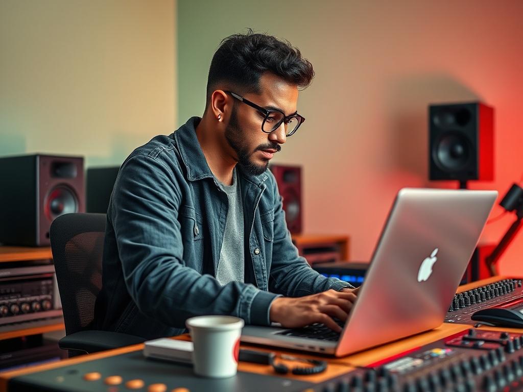 A dynamic, lifelike image of a music producer working on a laptop in a stylish studio, surrounded by sound equipment. The focus is on the producer's concentrated expression and the vibrant colors of the studio, with minimal distractions in the background, highlighting essential elements and showcasing the creative process, compatible with rgb(2, 86, 197).