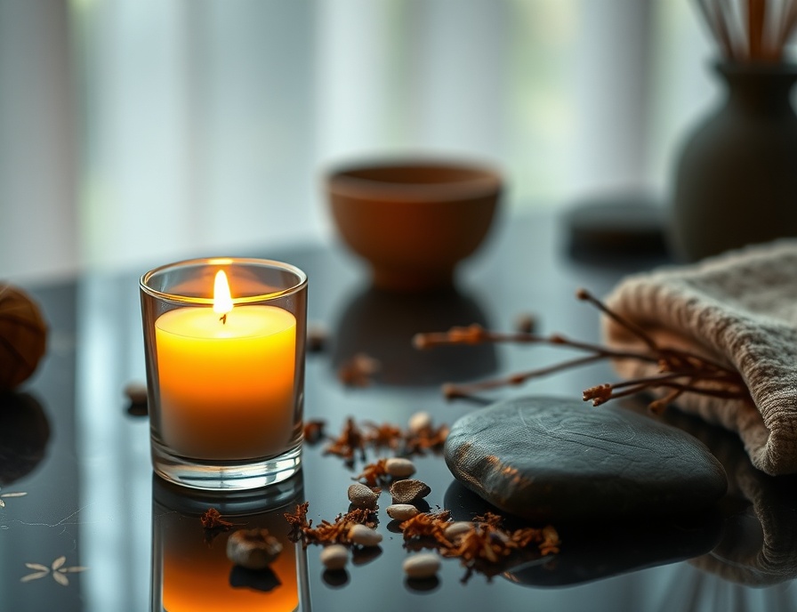 Lit luxury glass candle in a calming spa setting with dried botanicals and crystals