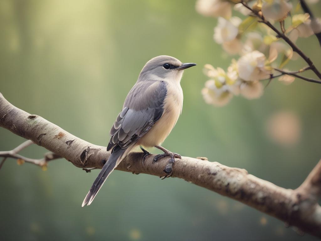 A serene and calming scene depicting a single, peaceful bird perched on a branch in a soft, natural environment. The background should feature gentle, blurred foliage creating a tranquil atmosphere. The lighting is soft and warm, enhancing the peaceful vibe of the scene. The bird should be depicted in realistic detail, with soft feathers and a serene expression, embodying a sense of calmness and connection with nature.