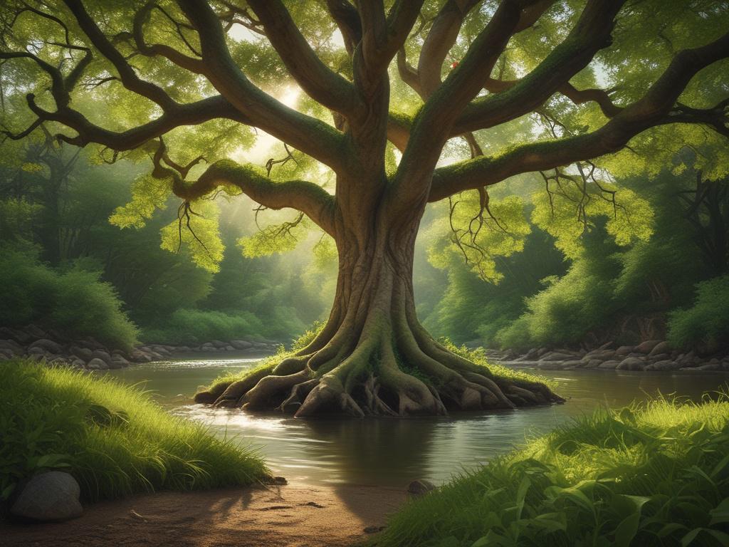 A magical tree with lush green leaves and an intricate, twisted trunk. The tree stands in a serene and inviting natural setting, surrounded by soft grass and dappled sunlight filtering through the branches. The background features a gentle stream flowing nearby, and colorful flowers dotting the landscape. The overall mood is tranquil and enchanting, evoking a sense of peace and connection with nature.