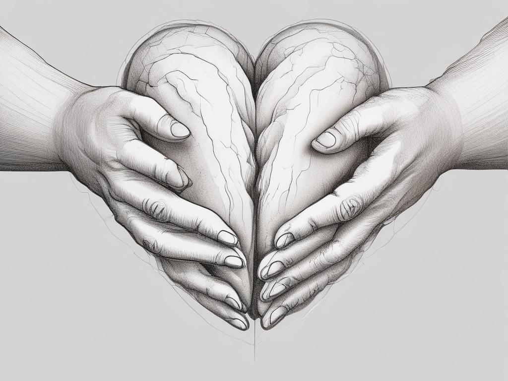 Create a high-quality illustration titled "The Healing Power of Touch." The composition should be simple and clear, focusing on a single subject: a pair of hands gently resting on a heart-shaped stone, symbolizing compassion and nurturing. The hands depict diversity and warmth, inviting a sense of connection and healing.

The background should feature a soft, blurred natural setting, perhaps with hints of greenery and gentle light filtering through trees, creating a serene and tranquil atmosphere. Use warm,