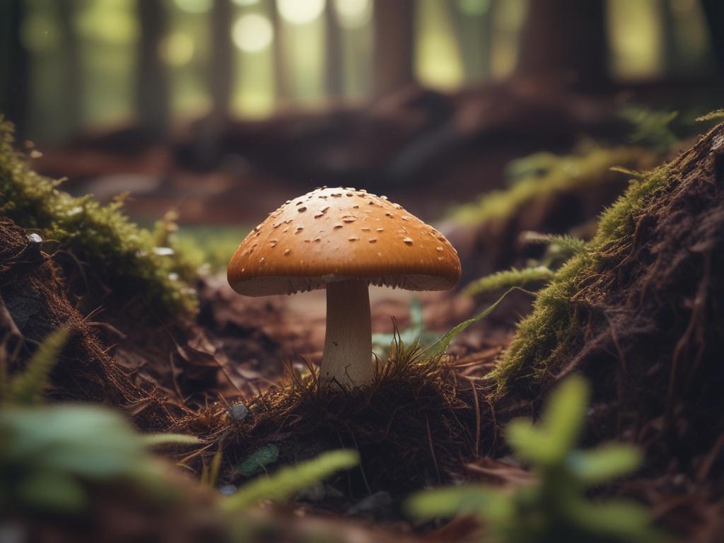 A serene and calming scene featuring a single magical mushroom growing in a tranquil forest setting. The mushroom should be vibrant with rich colors, showcasing its unique shape and texture. The background should include soft, diffused sunlight filtering through the trees, creating a peaceful and enchanting atmosphere. Surround the mushroom with earthy textures like moss and fallen leaves to enhance the natural feel of the scene.