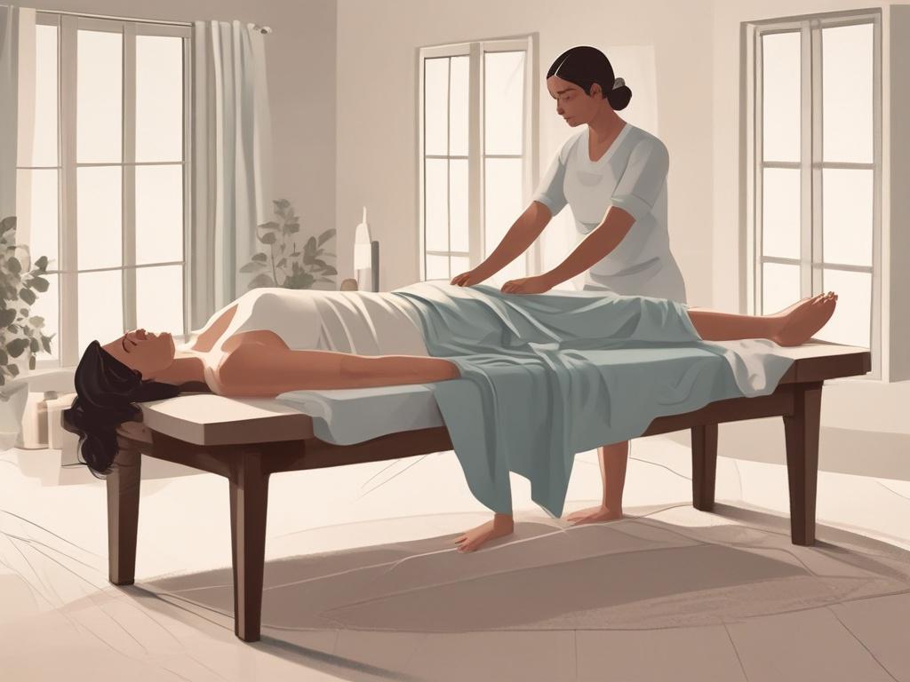 **Prompt for AI Image Generation:**

Create a high-quality illustration that captures the essence of "The Power of Soothing Touch Therapy." The composition should be simple and clear with a single, focused subject—a serene, compassionate therapist gently providing nurturing touch to a person on a comfortable massage table. 

The therapist, an individual with a warm and calming presence, should be depicted with a soft, empathetic expression, embodying trust and understanding. The person receiving the therapy