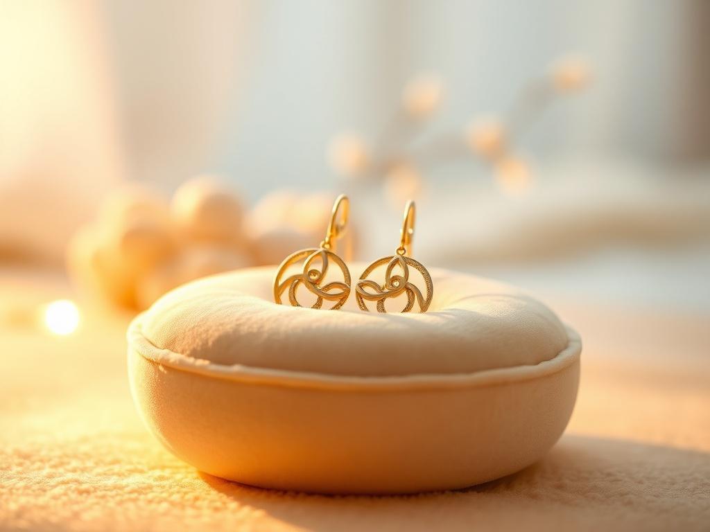 A pair of elegant gold earrings displayed on a soft,