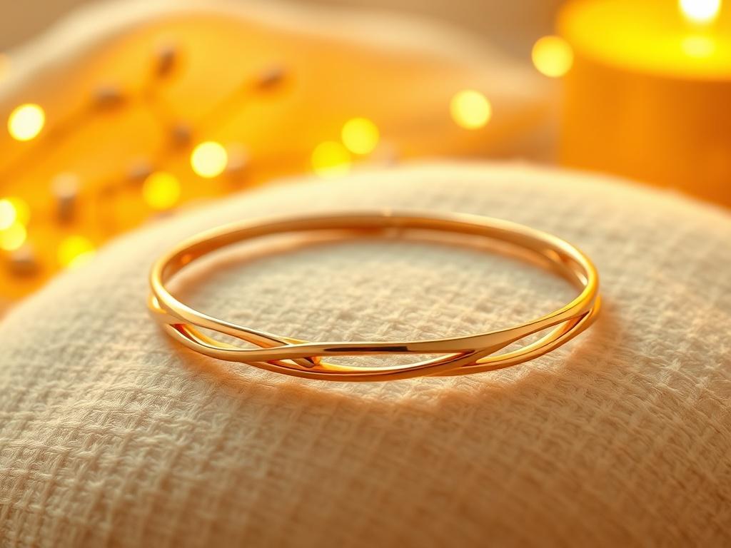 A stylish gold bracelet elegantly arranged on a soft, textured