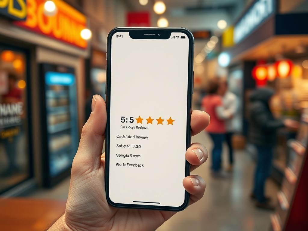 A close-up shot of a smartphone displaying a glowing 5-star Google review on its screen, set against a blurred background of a busy local business environment. The smartphone is held by a hand showing excitement and satisfaction, emphasizing the importance of positive feedback. The image captures the essence of customer appreciation and digital engagement, with warm lighting and realistic details, shot in a hyper-realistic style.
