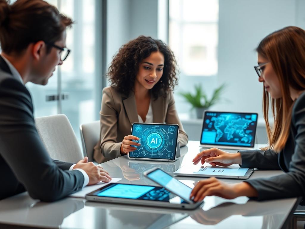 A high-resolution close-up shot of a professional business meeting, showcasing a diverse group of professionals discussing AI technology. The setting is modern and well-lit, with a sleek conference table and digital devices displaying AI interfaces. The focus is on an engaged, collaborative atmosphere, emphasizing innovation in business solutions. The background should be minimalistic to keep attention on the group, and the color scheme should harmonize with rgb(122, 86, 4).