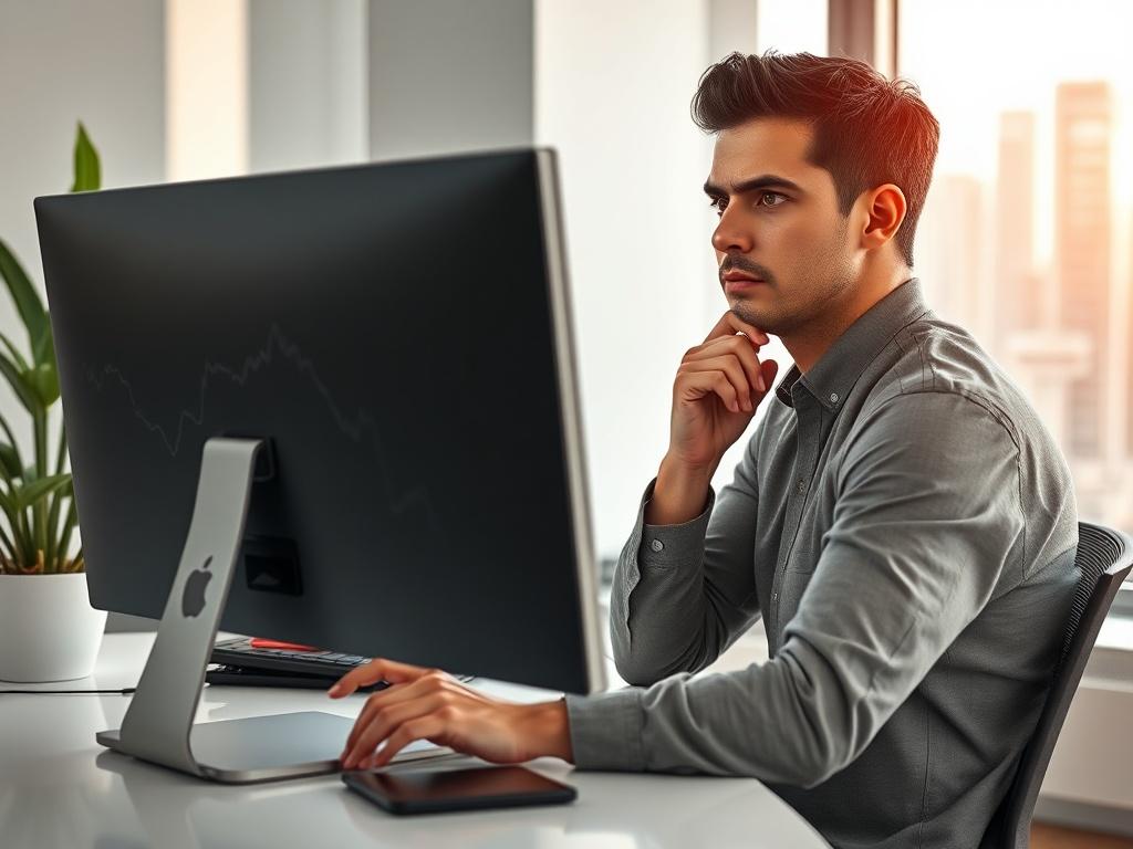 **AI Image Generation Prompt:**

Create a highly detailed, hyper-realistic high-resolution photograph that visually represents the blog post titled "Is Your Business Losing Business Without AI Agents." The composition should be simple and clear, focusing on a single subject in the foreground. 

**Subject Matter:** The central subject is a thoughtful business owner in their early 30s, sitting at a modern desk in a well-lit office space. Their expression should convey concern and contemplation as they gaze at