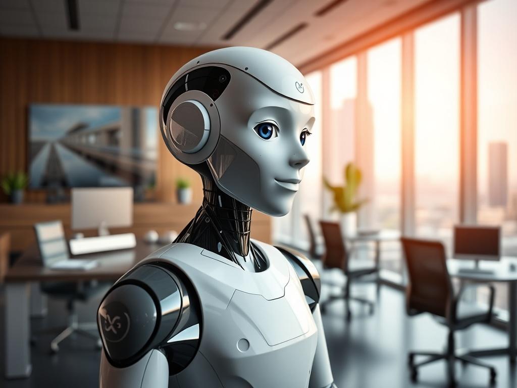 Create a realistic high-resolution photo that captures the essence of a blog post titled "AI Employees Are The Forever Trend." The composition should feature a single, lifelike AI humanoid robot, designed to represent a modern AI employee, standing confidently in a sleek, contemporary office environment. The robot should exhibit friendly features, with soft, approachable colors, and an engaging expression that conveys professionalism and trustworthiness.

Position the robot in the foreground, slightly off-c