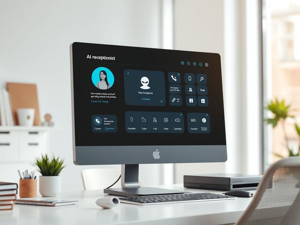 A hyper realistic image of a sleek AI receptionist interface