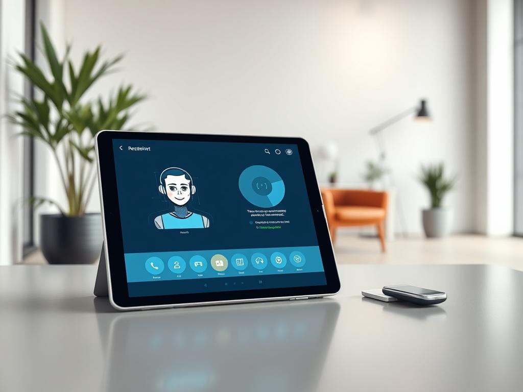 Create a realistic high-resolution photo of a modern AI receptionist interface displayed on a sleek, minimalistic desk in an office environment. The subject should be a sophisticated tablet or touchscreen device showcasing a friendly AI avatar on the screen, symbolizing the engaging and human-like interaction AI receptionists offer. The background should feature a clean and contemporary office setting with soft, neutral colors, highlighting elements like potted plants, a stylish chair, and soft lighting to create an inviting atmosphere. The composition should emphasize the tablet as the focal point, with the AI avatar appearing warm and approachable, representing the future of customer interactions transformed by AI technology. Ensure the overall mood conveys innovation and professionalism, inviting viewers to imagine the seamless integration of AI in customer service.