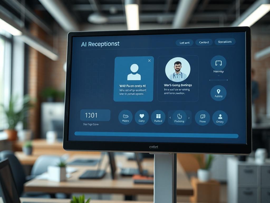 A hyper realistic close up of a modern AI receptionist