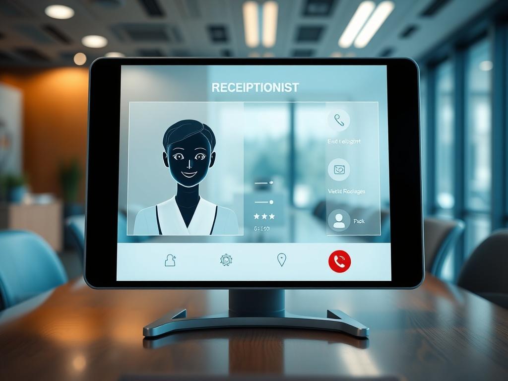 A modern AI receptionist interface displayed on a sleek digital