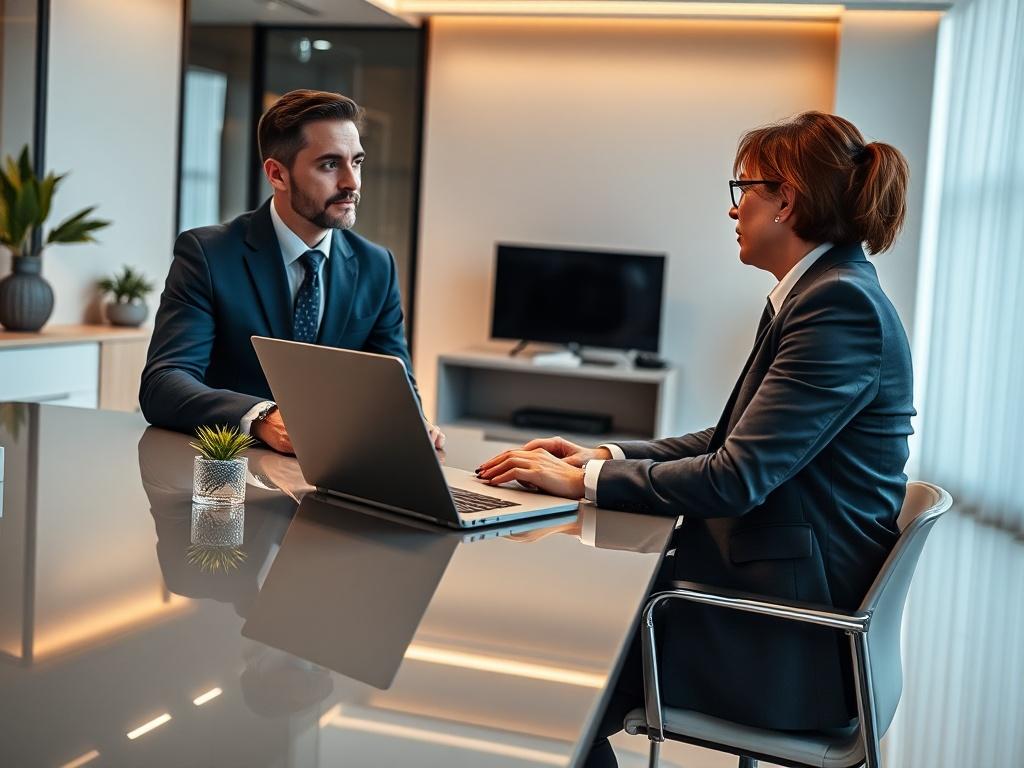 A business consultant and a client sitting at a sleek