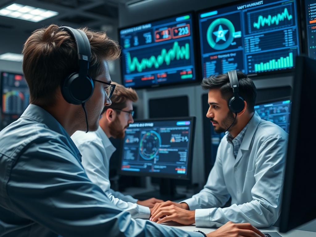 A quality assurance team in a tech lab, conducting tests