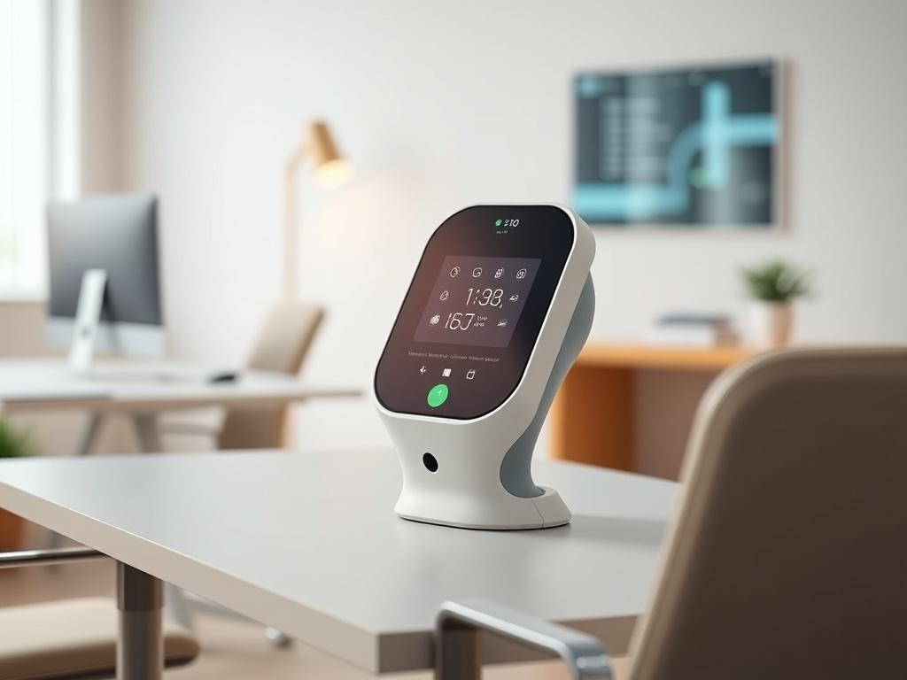 Create a realistic high-resolution photo that visually represents the theme of versatility and efficiency in AI receptionists for a blog titled "1 AI Receptionist Can Do Infinite Jobs." The composition should be simple and clear, featuring a single subject: a modern, sleek AI receptionist device. 

The subject should be placed in the center of the image, showcasing a sophisticated, futuristic design with soft curves and a smooth finish, possibly with a glowing interface to signify advanced technology. The s