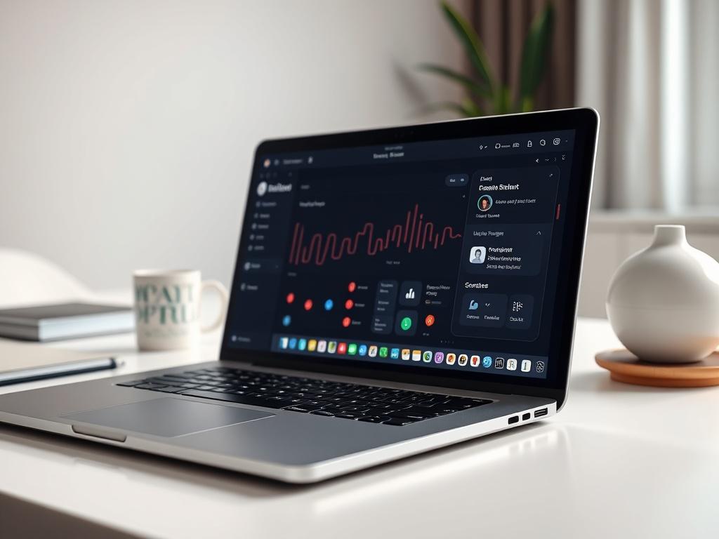 A hyper-realistic close-up image of a professional-looking AI assistant interface on a sleek laptop. The laptop is placed on a modern desk with minimalistic decor, soft lighting highlighting the screen. The background is softly blurred, emphasizing the laptop and the user interface. The color scheme should harmonize with rgb(122, 86, 4), creating a warm and inviting atmosphere.