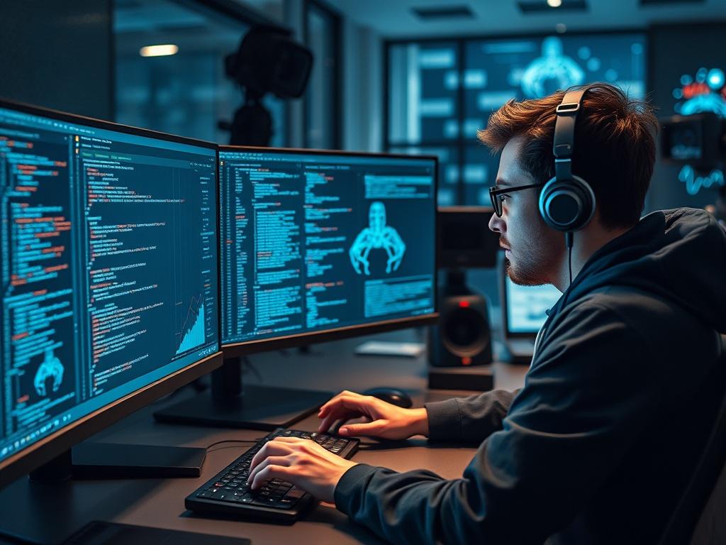 A software developer working on coding an AI application, with