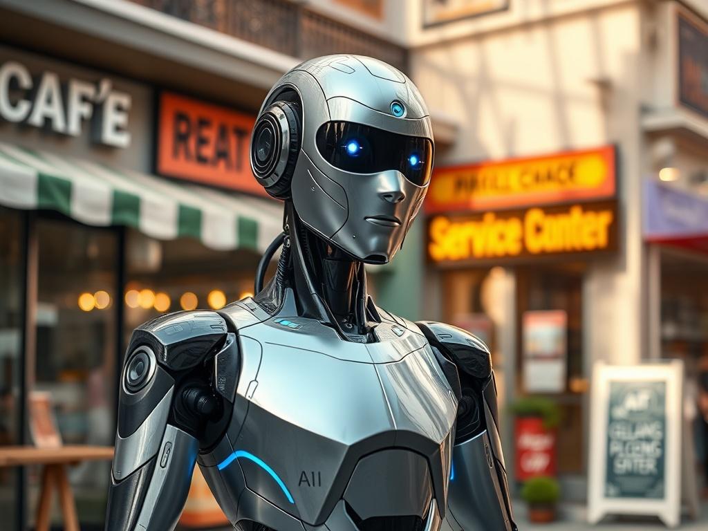 Create a realistic high-resolution photo focused on a professional-looking AI agent, depicted as a humanoid robot, standing confidently in the foreground. The AI agent should have a sleek, modern design with a polished metallic surface and glowing blue accents to symbolize technology and innovation. 

The background should be a vibrant local business environment, showcasing a few small businesses like a café, a retail shop, and a local service center, blurred slightly to enhance focus on the AI agent. Incor